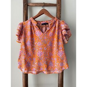 Floral Print Blouse Ruffle Sleeve V-Neck Top Bohemian Style Size S